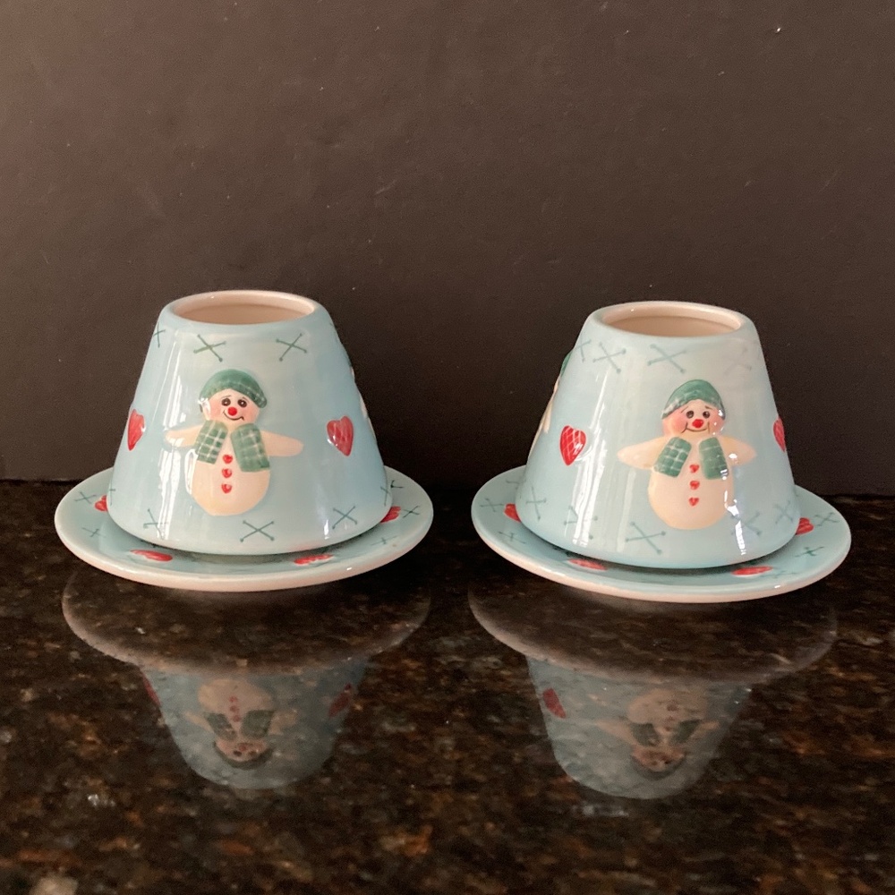 Valerie Parr Hill 2 Snowman & Red Hearts Plates & Shade Toppers/Holiday/NEW!